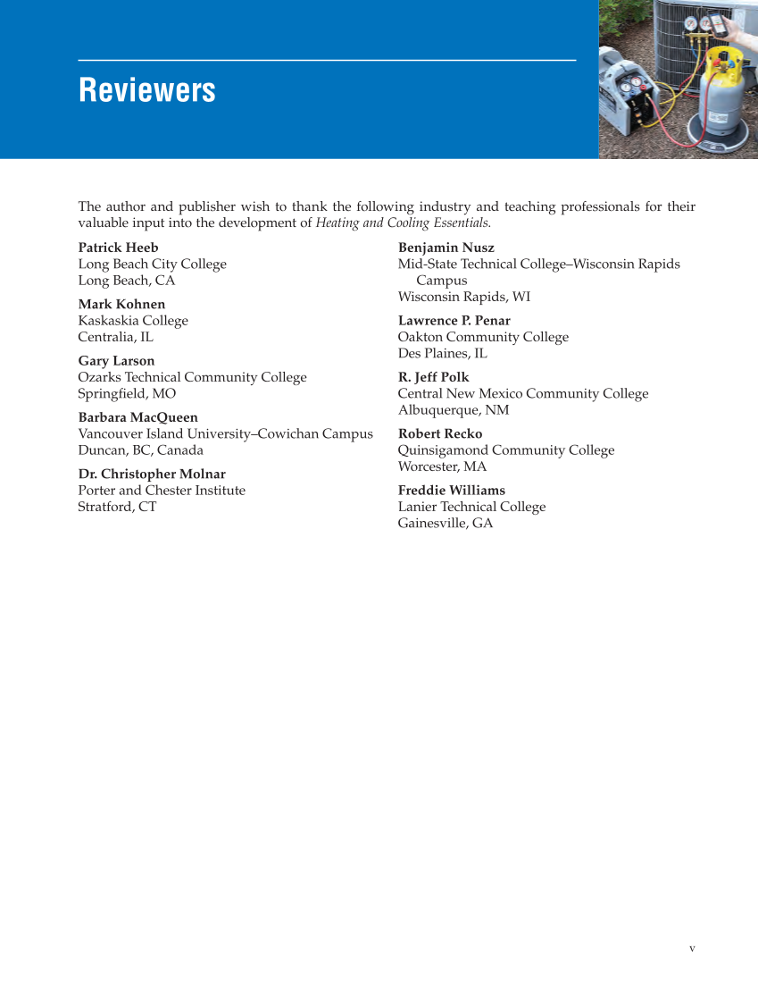 Heating and Cooling Essentials 5e, Textbook page v